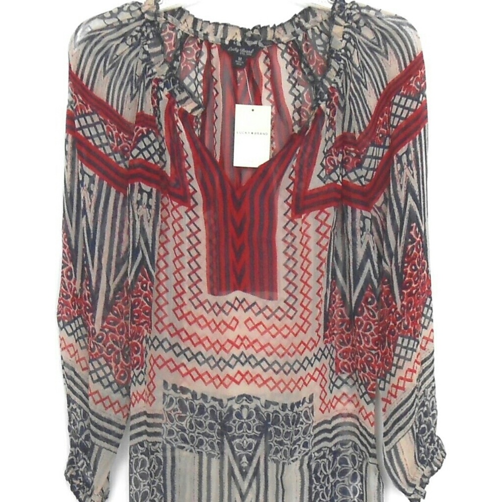 NWT Lucky Brand Sheer Printed Peasant Blouse